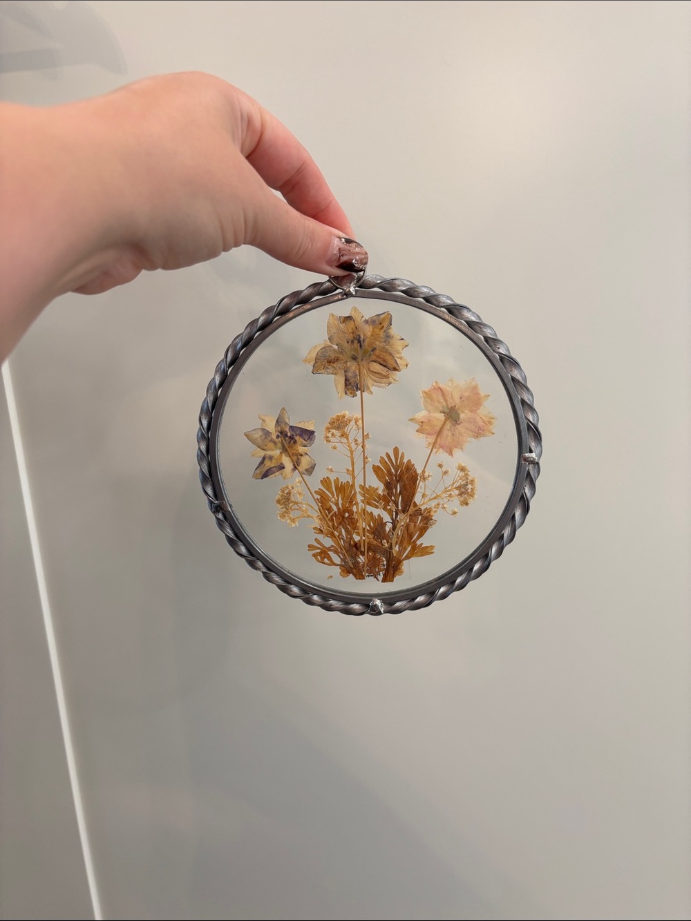 Pressed Floral Glass Wall Hanging in Silver
